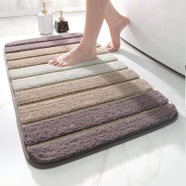 Soft Absorbent Bath Mat Non‑Slip Bathroom Rug Machine Washable 40 × 60cm Beige Striped