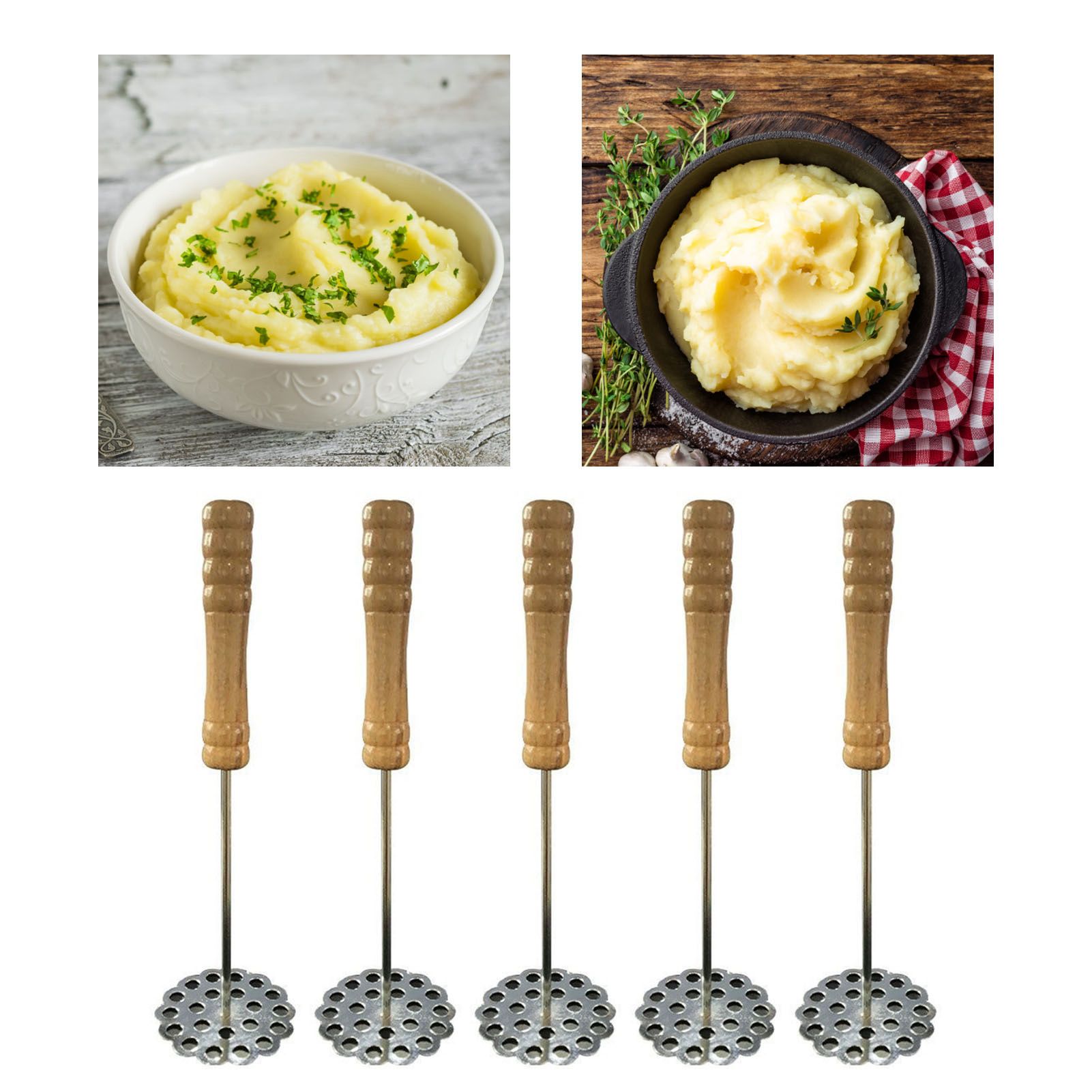 5pcs Potato Masher Portable Stainless Steel Wooden Handle Manual Spud Smasher Kitchen Tool โ image 6