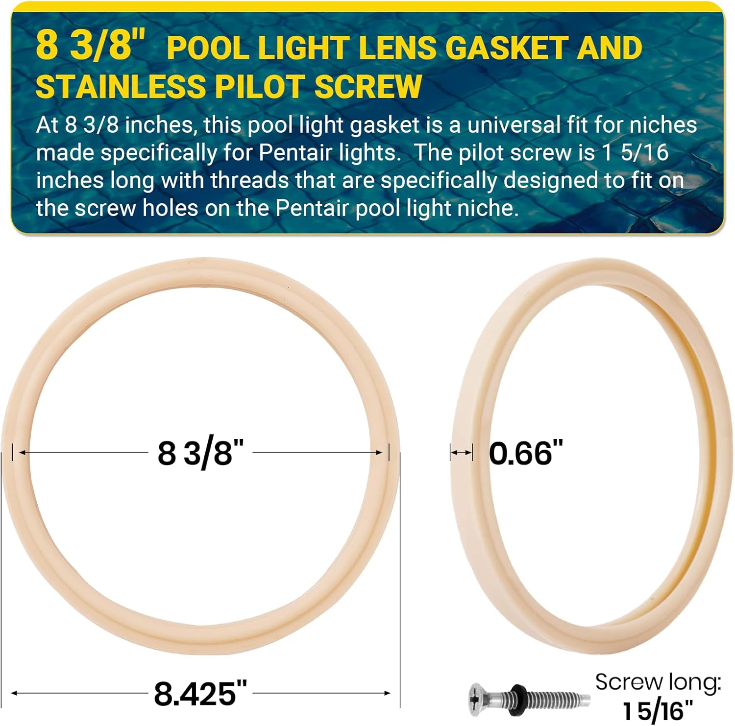 (1 Set) 8 3/8" Pool Light Lens Gasket and Stainless Pilot Screw - Exact Replacements for Pentair 79101600Z and 79104800 - Compatible with Pentair IntelliBrite β image 2