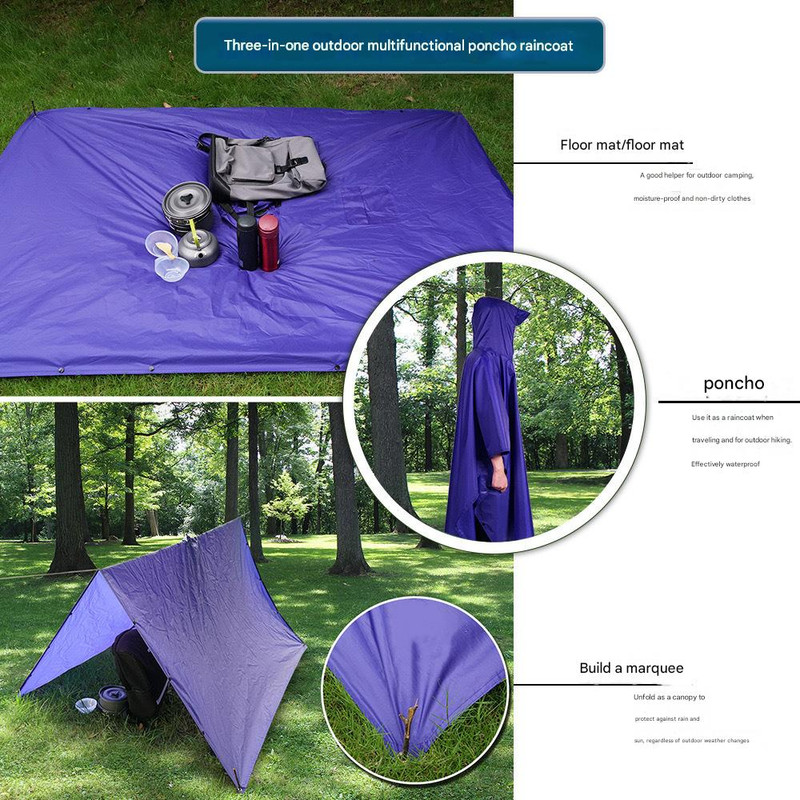 Blue Portable Outdoor Camping Poncho - Can be used as Raincoat, Tarp, Ground Cover — image 2