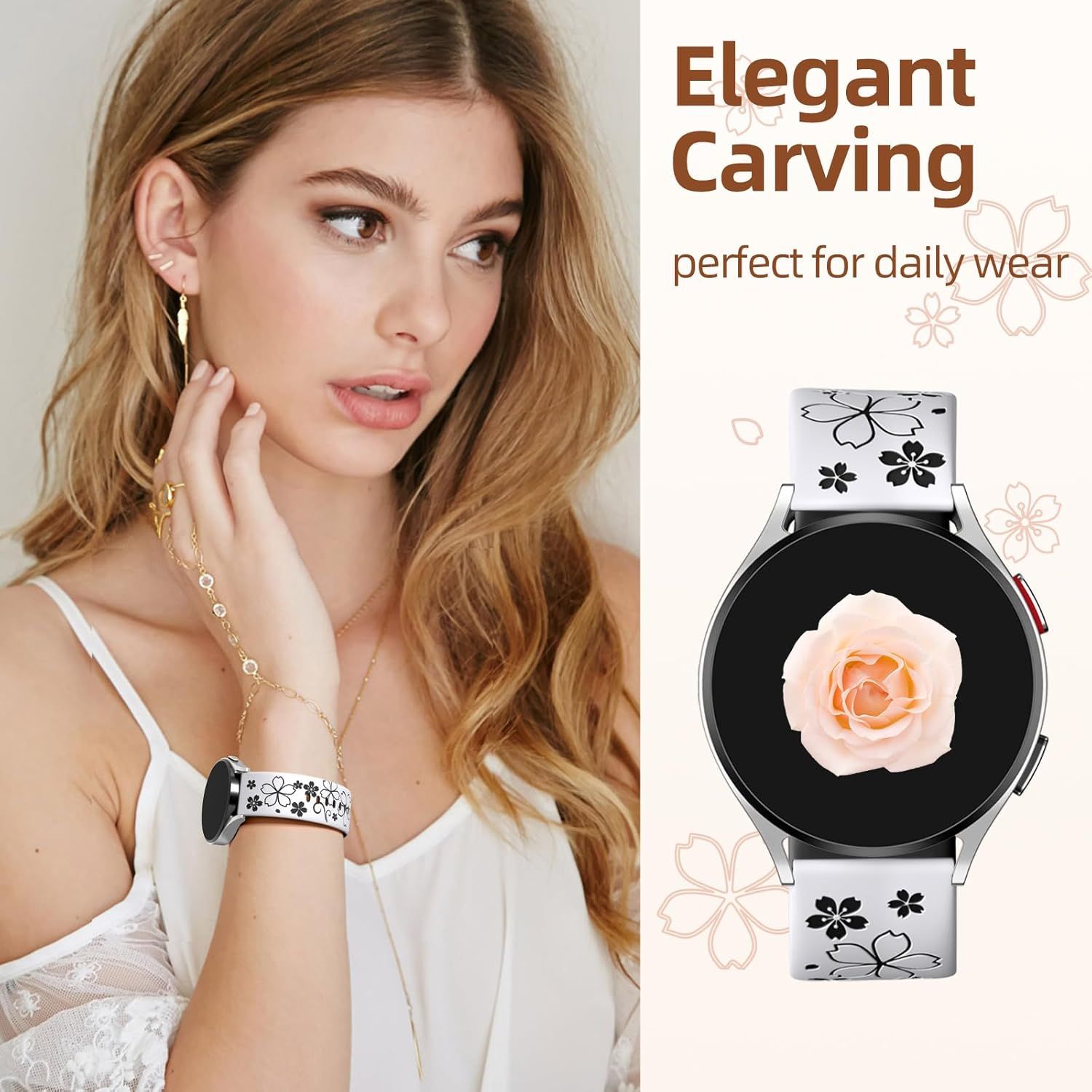 Floral Engraved Band-Compatible with Samsung Galaxy Watch 7 Band 6 4 5 40mm 44mm/5 Pro/6 4 Classic/Active 2, 20mm Cute Two-Tone Flower Soft Silicone Sport — image 4