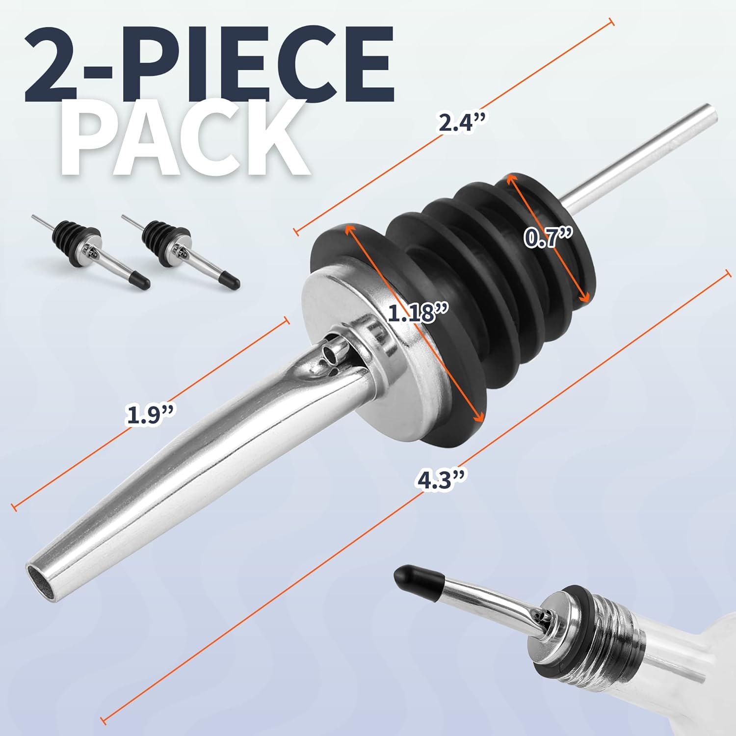 Zulay 2 Pack Stainless Steel Liquor Pourers with Rubber Dust Caps - Tapered Spout Liquor Bottle Pourers for Alcohol - Pour Spout For Liquor Bottles, Olive Oil — image 2