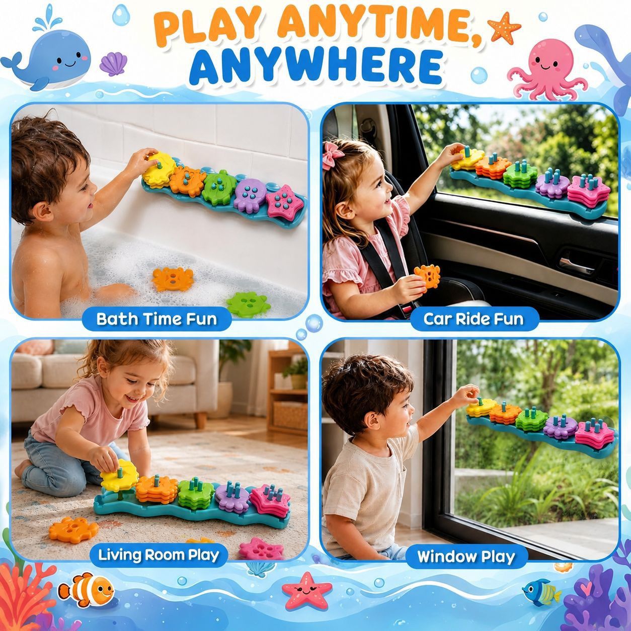 Turn bath time into an ocean adventure with this colorful silicone stacking toy set, featuring a suction cup wave base and five sea creature friends — image 5