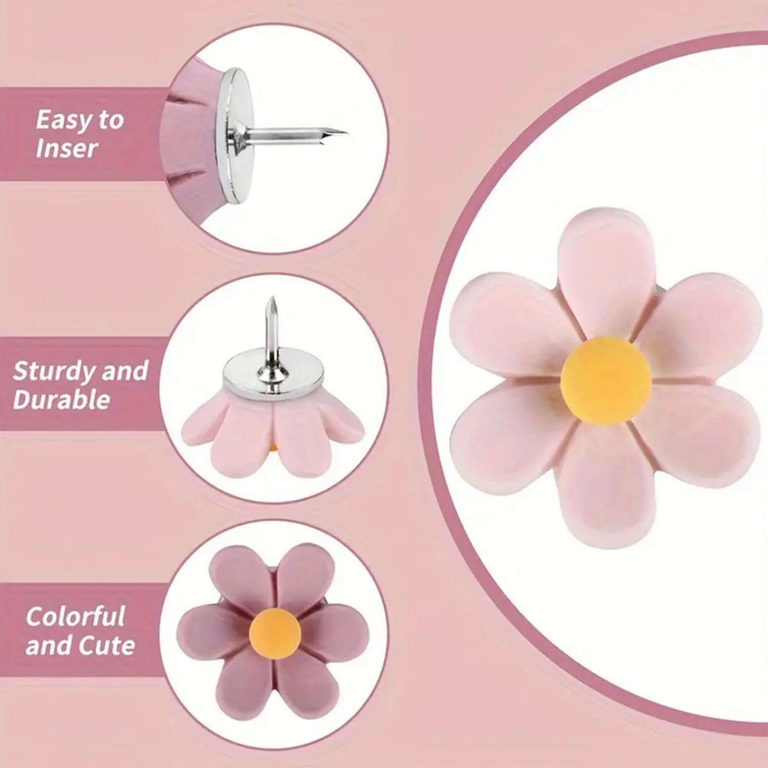 20 PCS Flower Push Pins, Thumb Tacks for Bulletin Board, Cork Board Thumbtacks, Flower Tacks for Map Cork Board Photo Display Office Home (Pink) — image 3