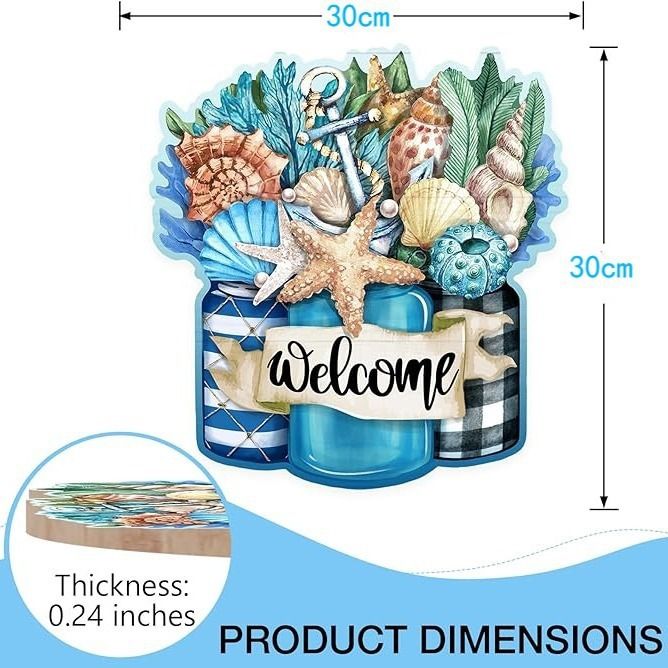 Front Door Sign, Beach Coastal Starfish Conch Coral Wood Door Hanger Outdoor Outside Porch Decor, Nautical Sword Wooden — image 2