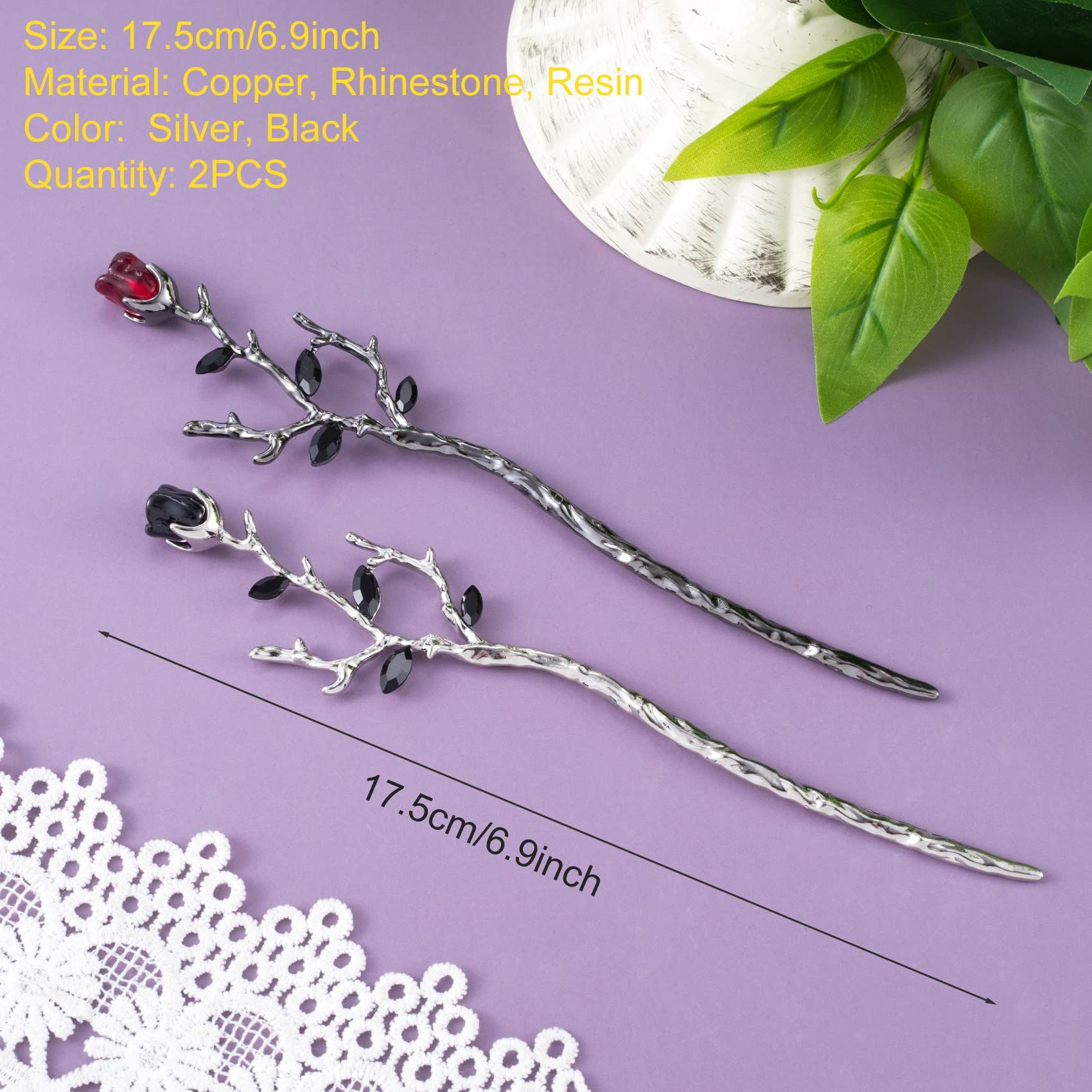 2pcs Rose Hair Sticks for Bun Black Silver Vintage Hair Chopsticks Metal Flower Chinese Hair Pins Wedding Prom Halloween — image 3