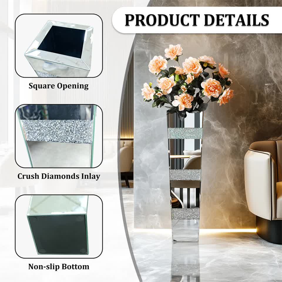 P&P Silver Crushed Diamond Flower Vase with Mirrored Glass for Elegant Home Decoration โ image 4
