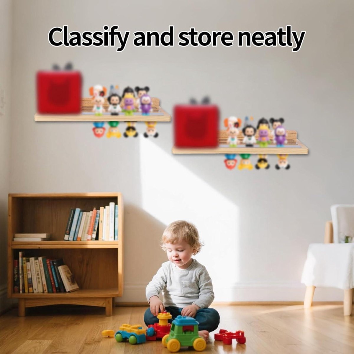 Magnetic Shelf for Tonies, Wooden Display Shelf for Toy Figures with Charging Station - Nursery Organizer with Floating Design and Storage Accessories — image 3