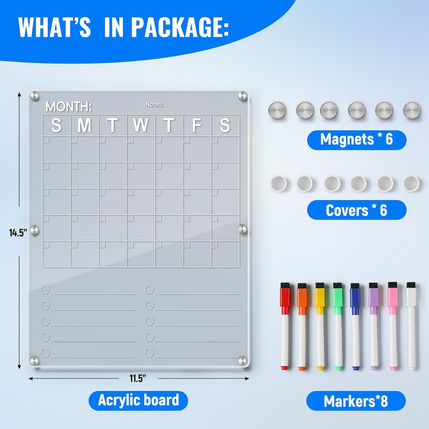 Large Acrylic Magnetic Calendar for Refrigerator, 2in1 Clear Fridge Calendar, Monthly Planning Board with to Do List, Businees Meetings/Grocery 8 Color Markers — image 5