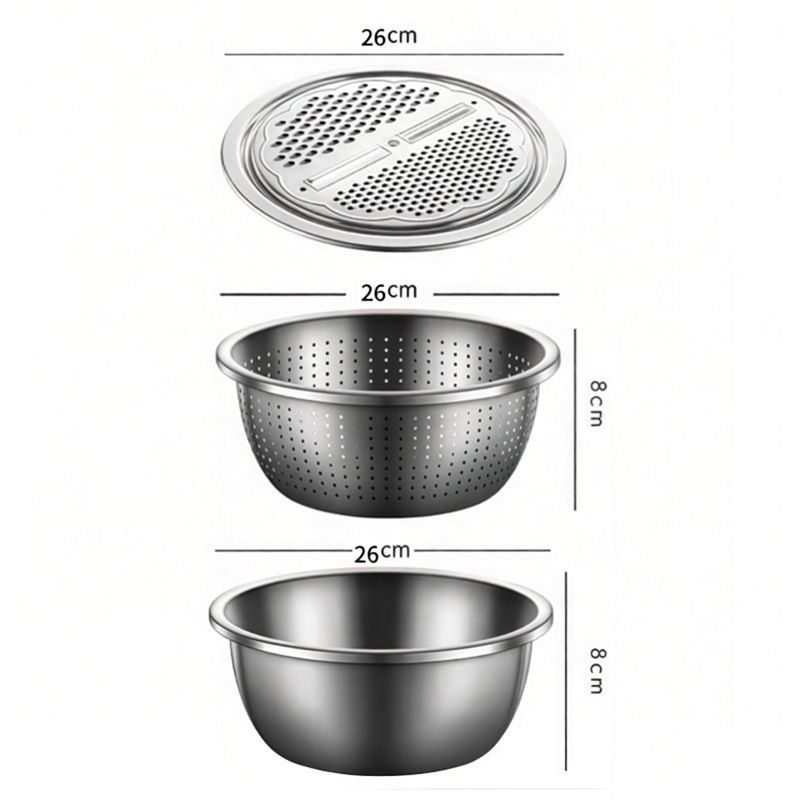 Medium size Multifunctional Stainless Steel Vegetable Slicer and Grater Bowl Set - 3-in-1 Kitchen Tool with Colander, Julienne Disc, and Deep Basin