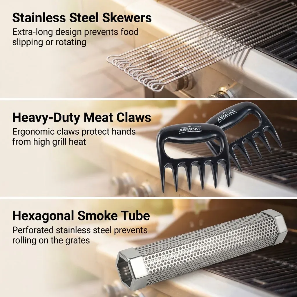 ASMOKE Essential Smart Portable Wood Pellet Grill & Pitmaster Accessory Bundle - Includes 10x Skewers, Heavy-Duty Meat Claws, Smoke Tube & 20lb Applewood — image 4