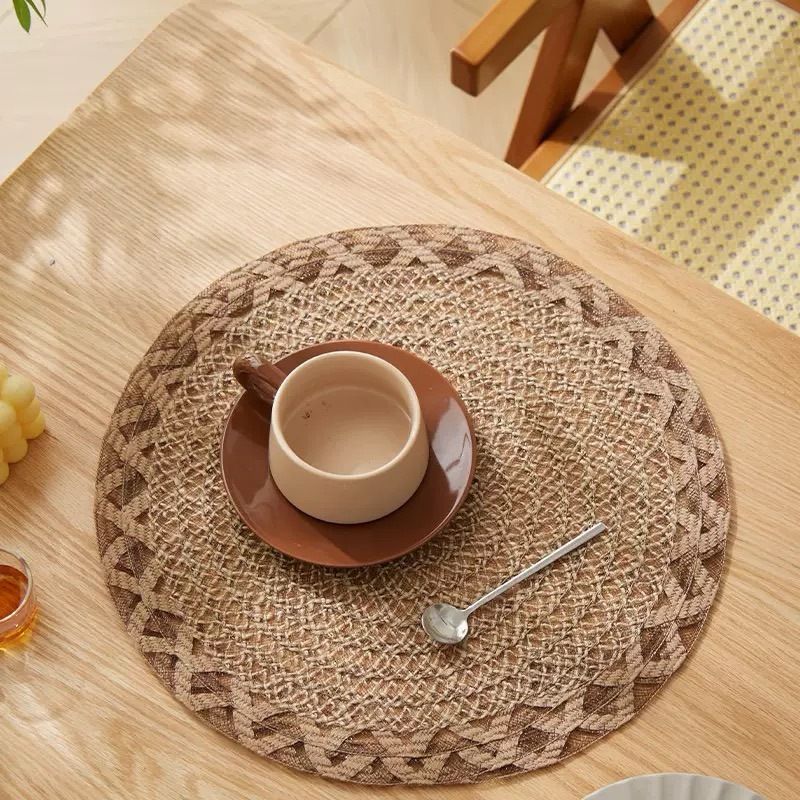 4pcs Nordic Style Round Table Mat, Exquisite Openwork Weave, Polyester Hemp-Like Texture, 38cm Dining Mat, Heat-Resistant and Easy to Care For