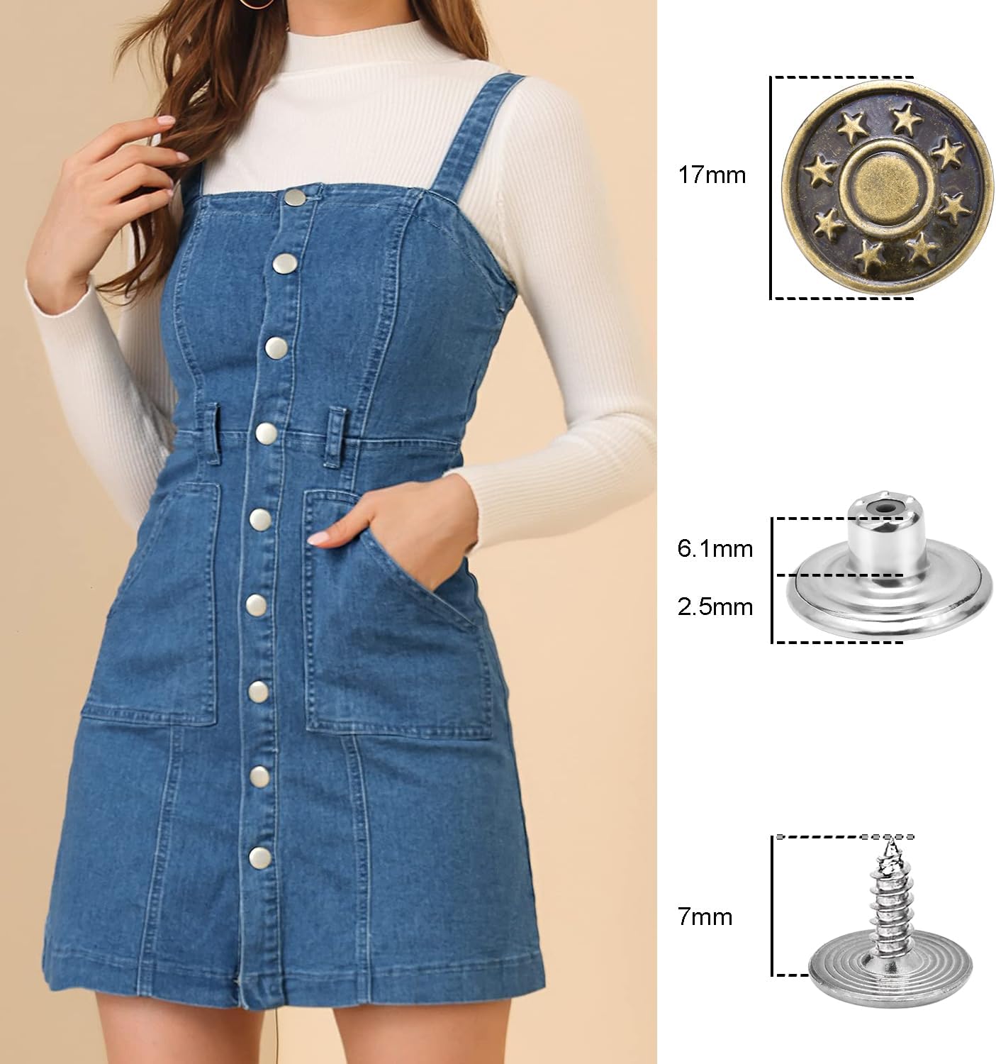 CooBigo 6Sets 1-1/2" Overalls Buckles + 24Pcs 17mm Jeans Bttons for Jeans Suspender Buckles Replacement Bib Pants DIY Sewing Accessories (Bronze) — image 2
