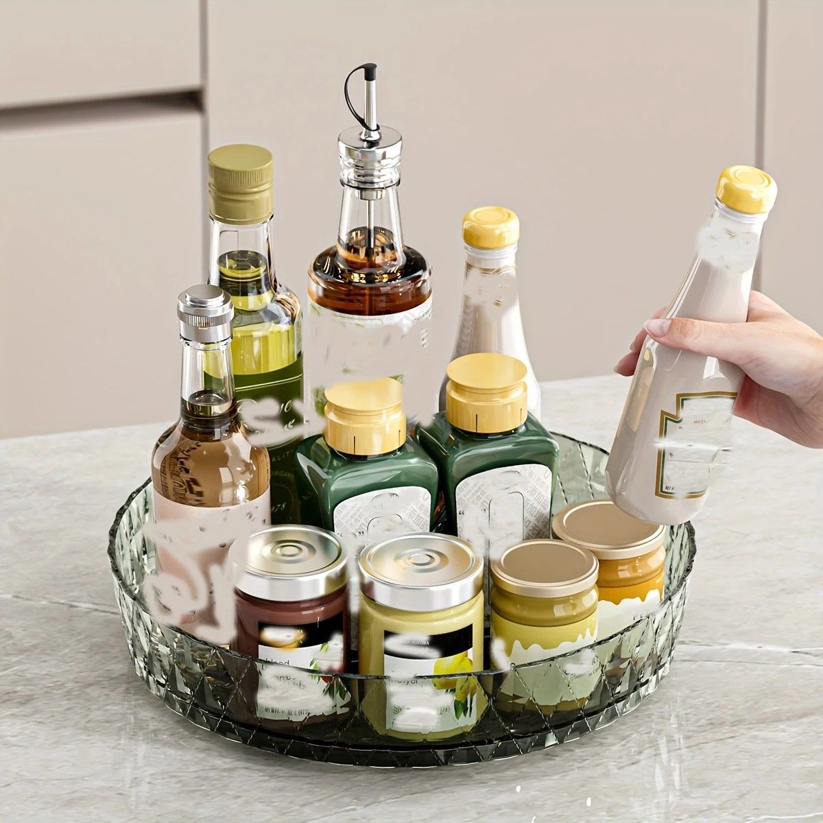 2PCS Acrylic Lazy Susan Organizer with Diamond Design | 360° Rotating Makeup & Vanity Tray | Modern Kitchen & Bathroom Storage(Transparent yellowish brown) — image 5
