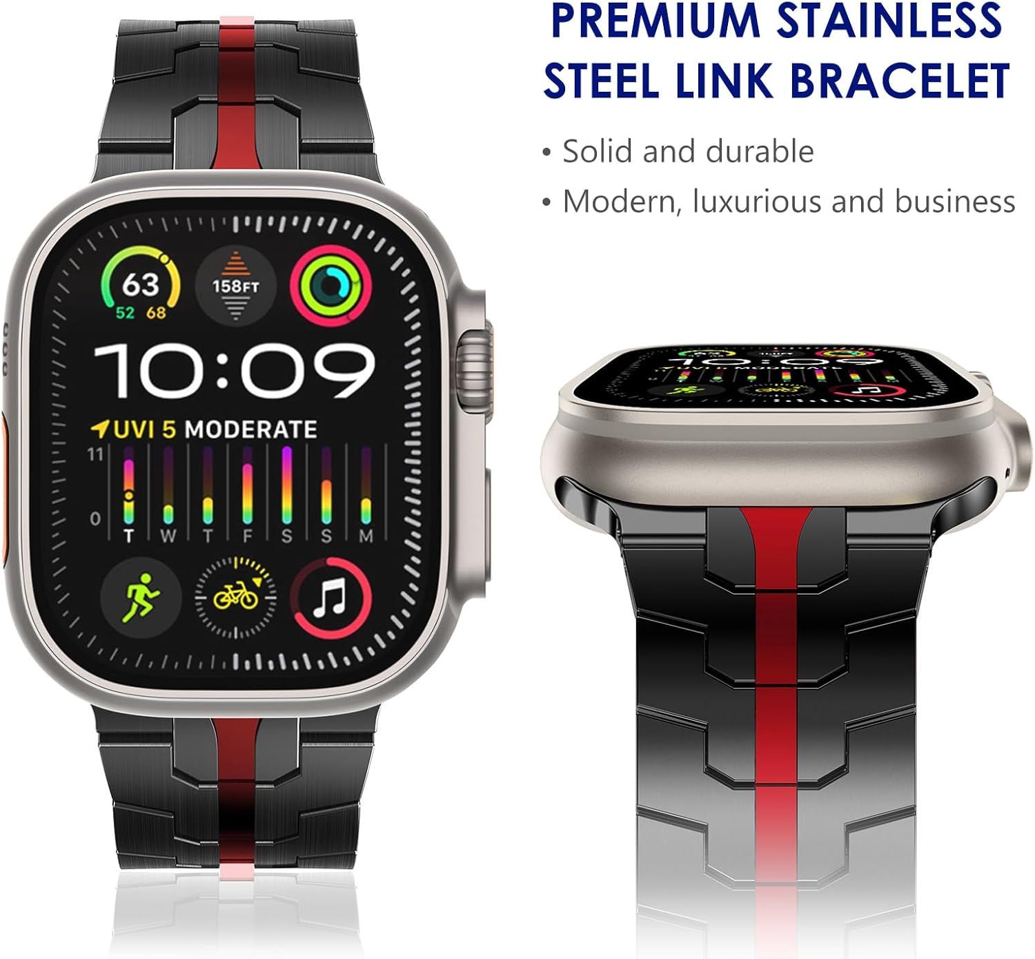 Stainless Steel Watch Band Compatible with Apple Watch Ultra Series Black Red, 38mm/ 40mm/ 41mm — image 2