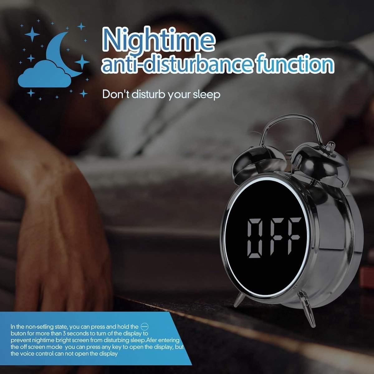 Digital clock - LED display - Bedroom - Clock - Energy efficient - Black — image 2