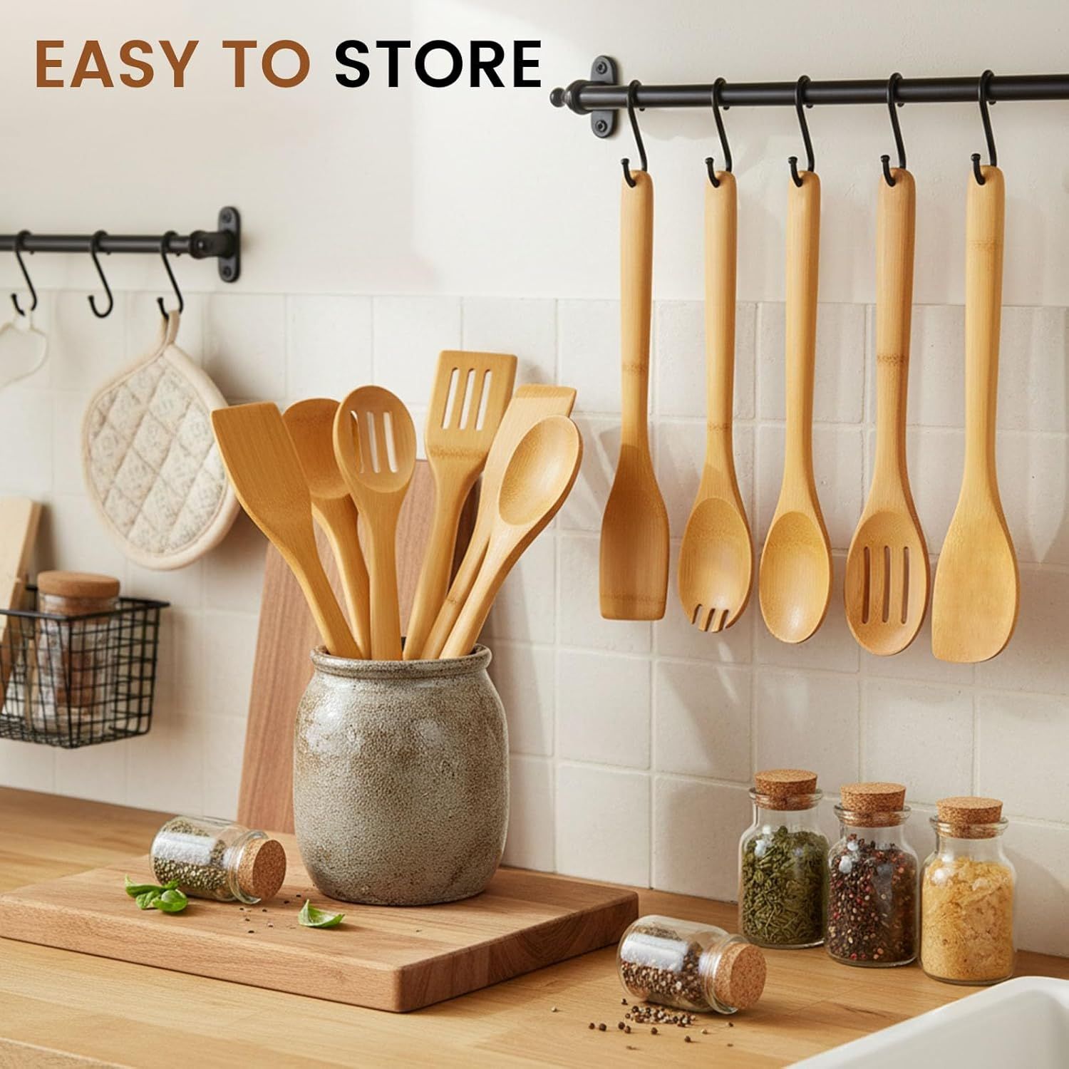 7-Piece Bamboo Kitchen Utensils Set, Wooden Spoons & Spatulas for Nonstick Cookware, Lightweight Heat-Resistant Cooking Tools with Comfortable Grip, Kitchen — image 2
