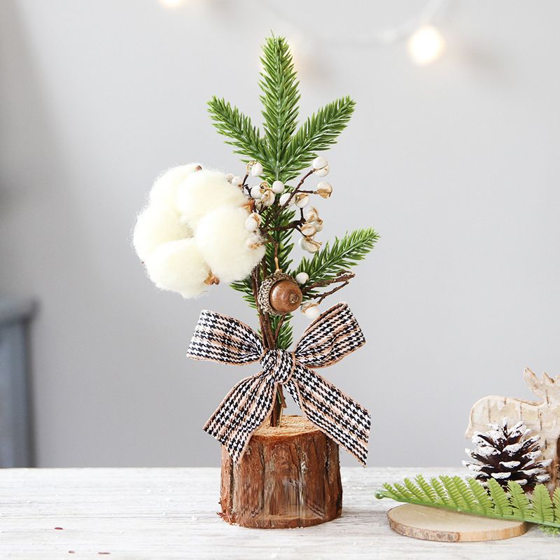 Desktop Mini Christmas Tree 25cm, Burlap Bow with Pinecone Base, Lightweight & Versatile, Brightens Office and Home Holiday Atmosphere (Cotton Style)
