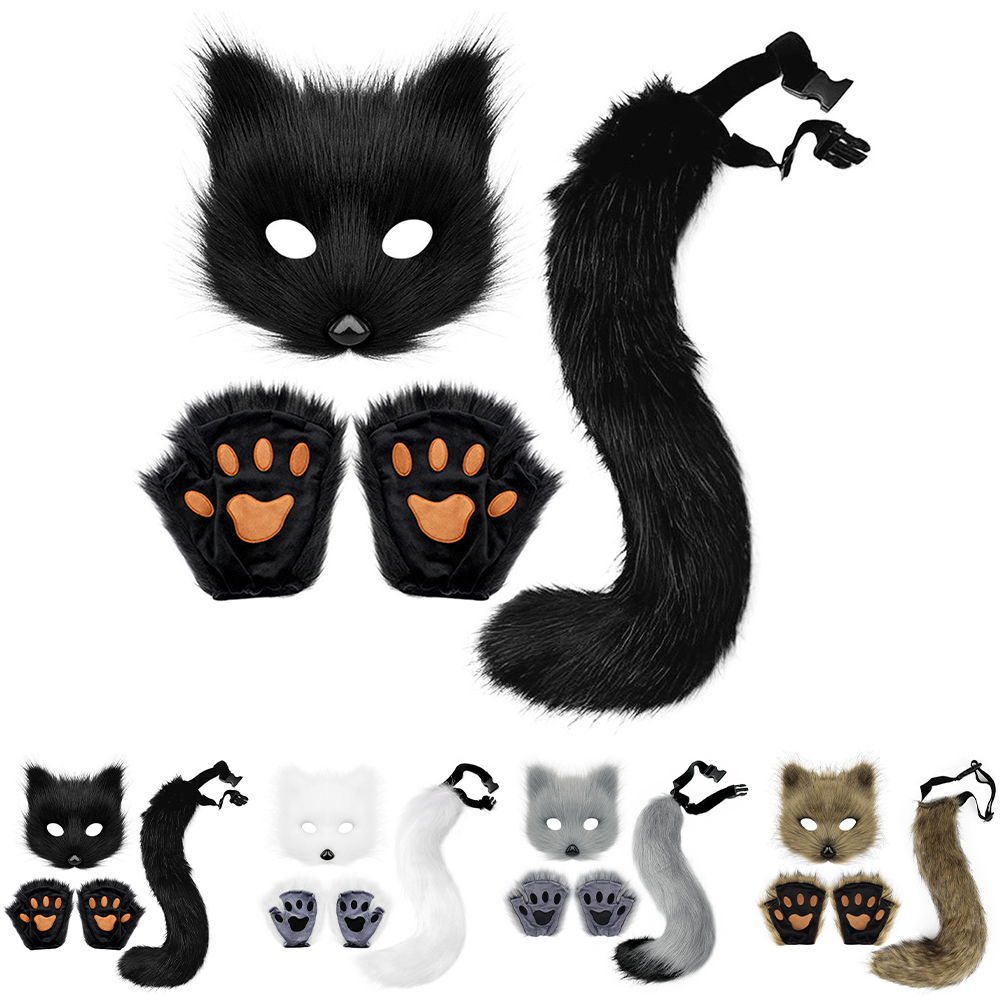 Therian Paws Fur Mask & Tail Set Girly Cat Mask Halloween Party Costume_yux White โ image 3