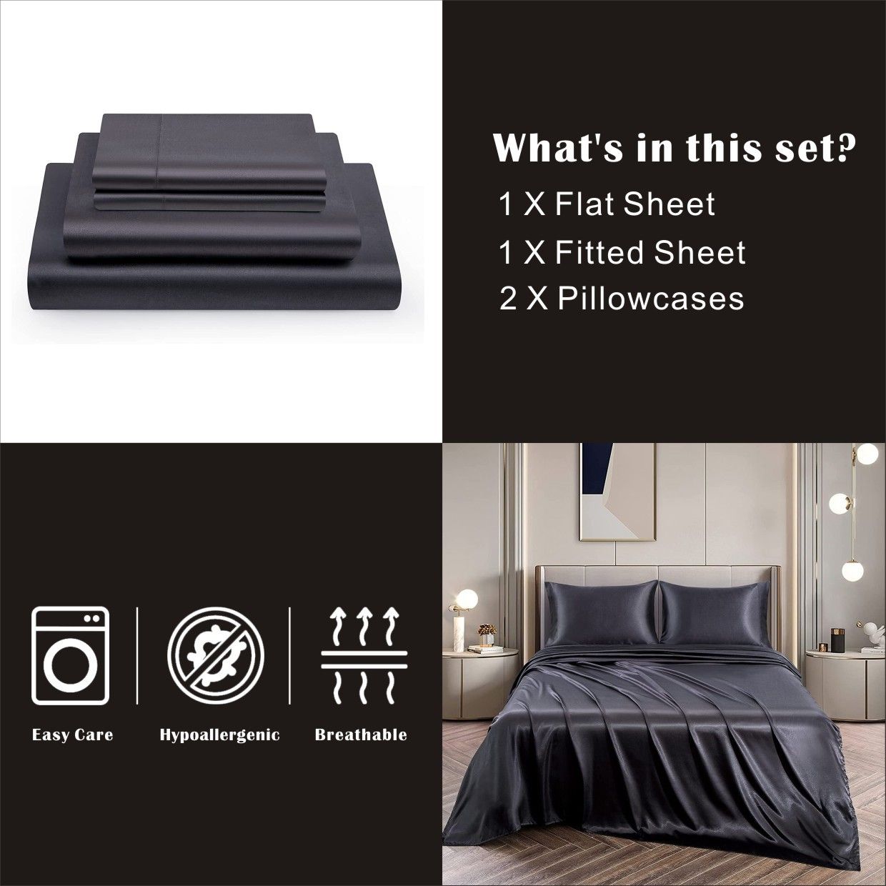 Art Silk Satin Sheet Set Hotel 4 Pieces Fitted/Flat Sheet Bedding Set-Luxury Soft Silky Sheets for Hair and Skin, Similar to Silk Bed Sheets Set 4 — image 5