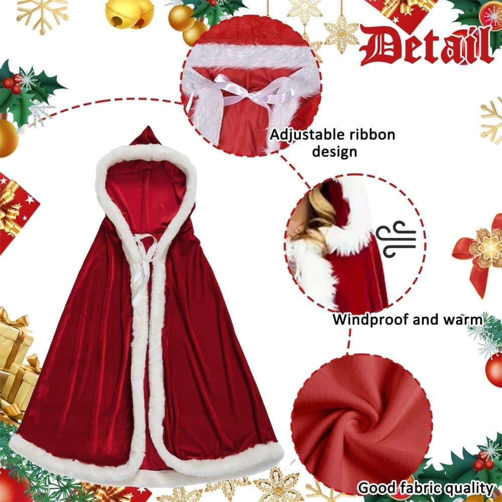 Red Christmas Cloak with Hood for Women, Santa Costume for Christmas Party and Cosplay, One Size, 150cm — image 3