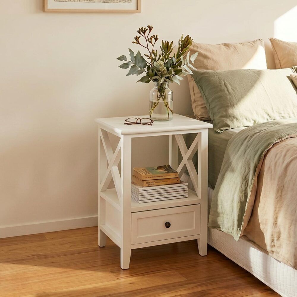 2-tier Bedside Table with Storage Drawer 2 PC Rustic White — image 4