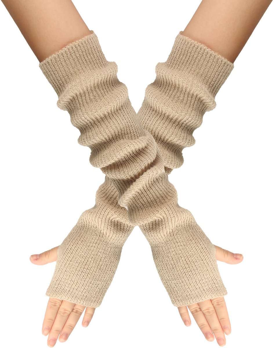 Arm Sleeves - Women's Long Fingerless - Knitted Y2K Arm Sleeves - (Beige) — image 4