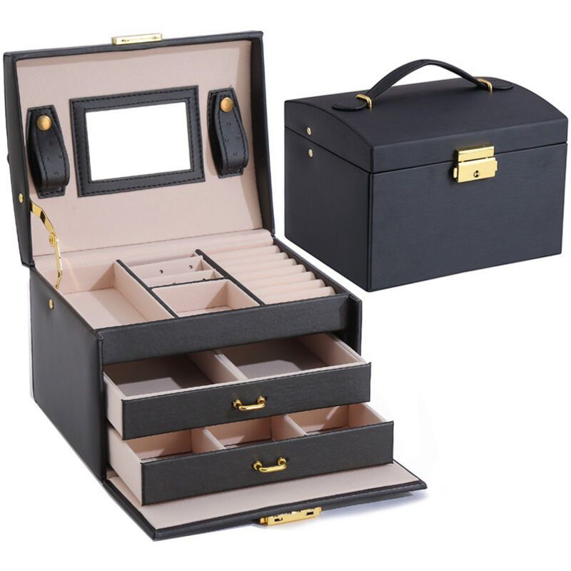 Jewelry Box 3 Layer Faux Leather Makeup Case with 2 Drawers Black