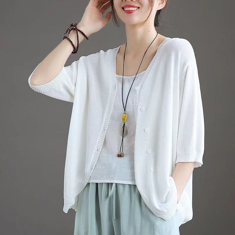 Ice Silk Women Cardigan Loose V Neck Half Sleeve orange red Size: S; Height (cm): 155-160; Weight (kg): 45-50; Bust (cm): 82-86; Waist (cm): 66-70; Shoulder โ image 6