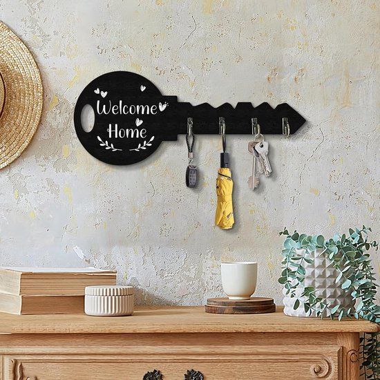 4-Hook Key-Shaped MDF Wall Key Rack, Black Welcome Home Coat and Bag Organizer, 29.5 x 12 cm β image 4