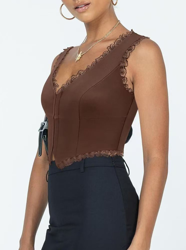 2-Pack Brown French Vintage Lace Splice Camisole(XL Size) - Slim Fit Halter Top with Back Detail and Button Placket โ image 4