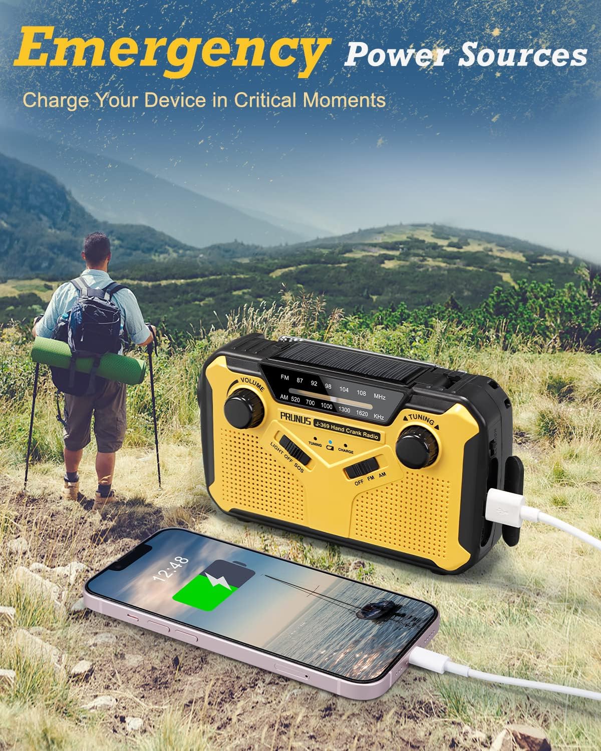 Emergency Radio Solar Wind-Up - Model 2025 - 2500 mAh Power Bank - AM/FM Radio with Flashlight & SOS - Emergency Kit for Camping & Power Outages - Gray — image 5