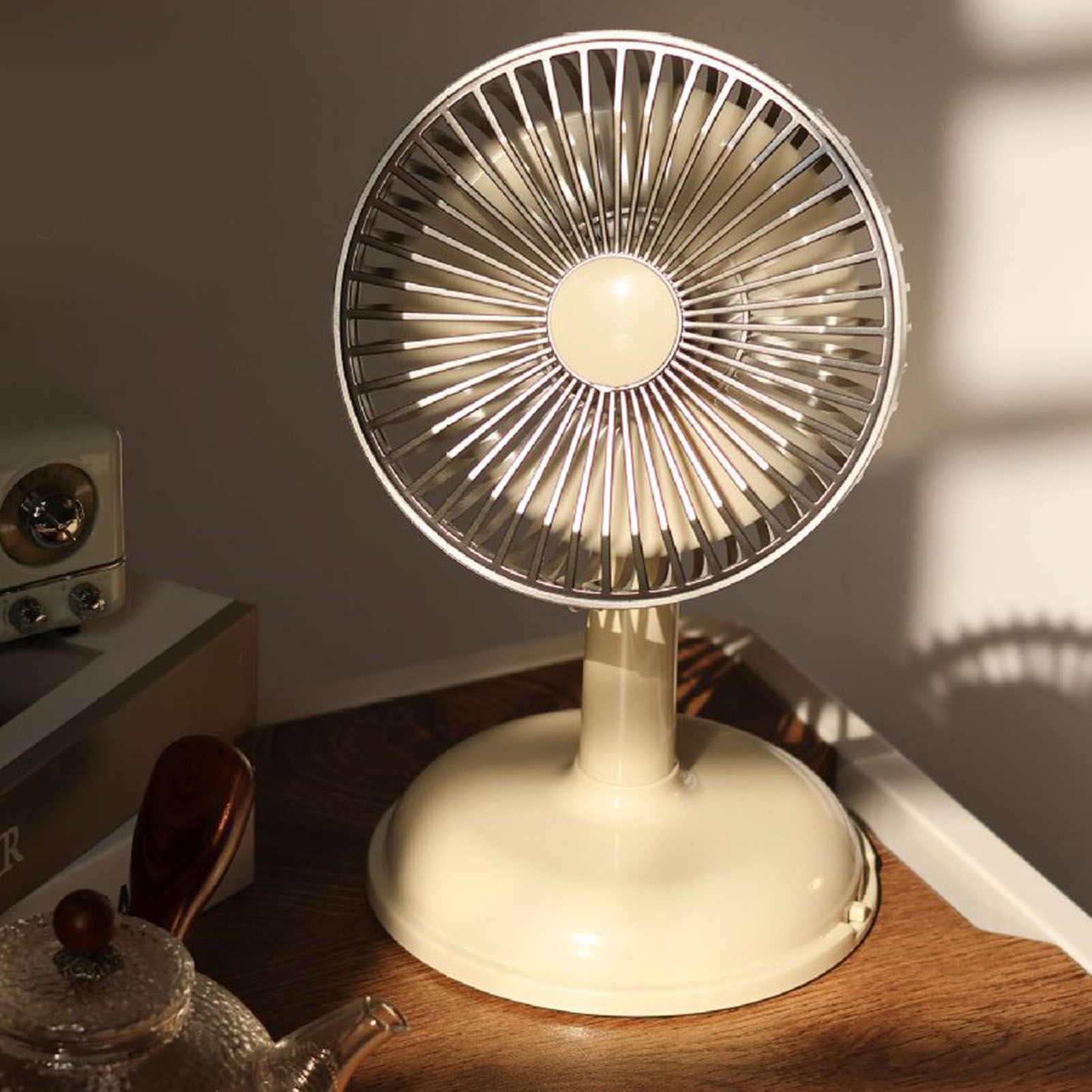 Small Electric Fan Simple Portable Vintage Pure Color USB Charging Little Fan for Summer Light Yellow — image 6