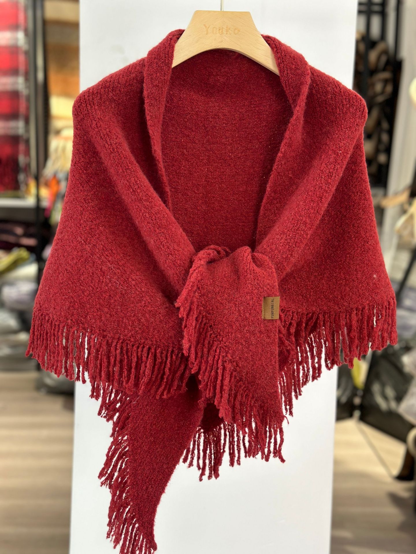 Red Versatile Fringed Faux Wool Triangle Shawl - Warm Knitted Scarf