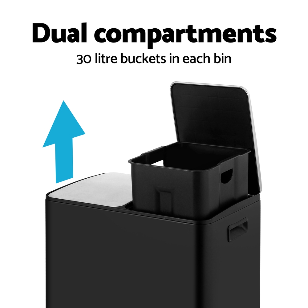 Cefito Pedal Bins Rubbish Bin Dual Compartment Waste Recycle Dustbins 60L Black โ image 4