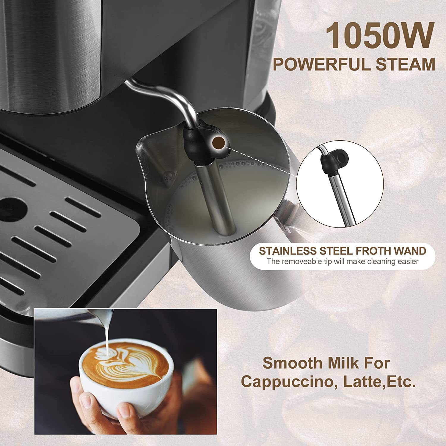 Premium Espresso Coffee Machine with Touch Control Panel & Steam Milk Frother 1050W Stainless Steel CM3010 (AU Plug) — image 5