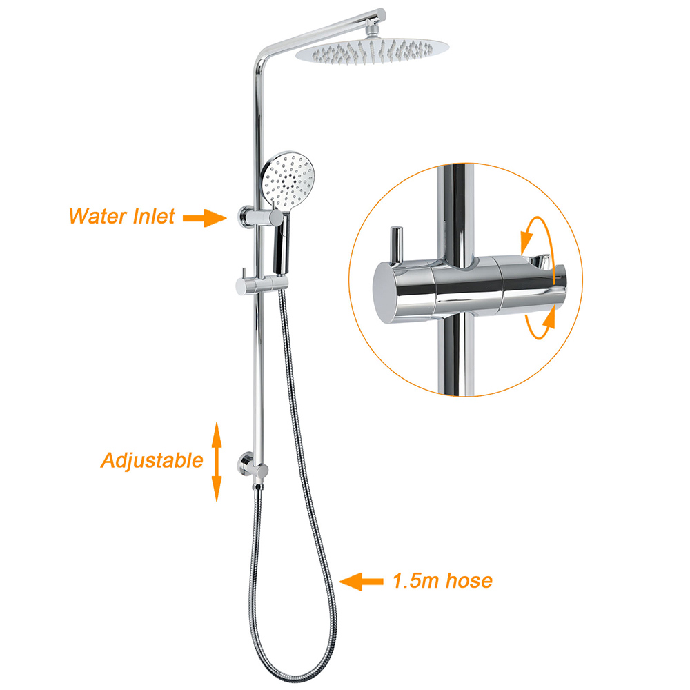 Twin Shower Set 10" Rainfall Head 3 Modes Handheld Rose Silde Rail Chrome Round — image 2