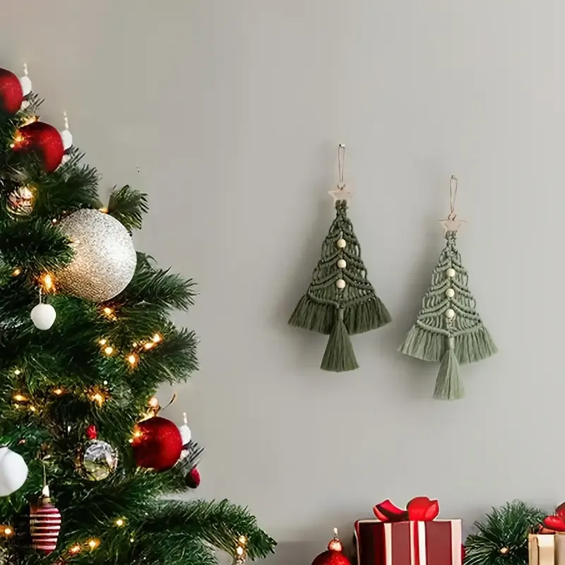 Bohemian woven Christmas tree wall hanging, handmade from pure cotton, accented with wooden beads and tassels, an artistic and healing holiday decoration โ image 3