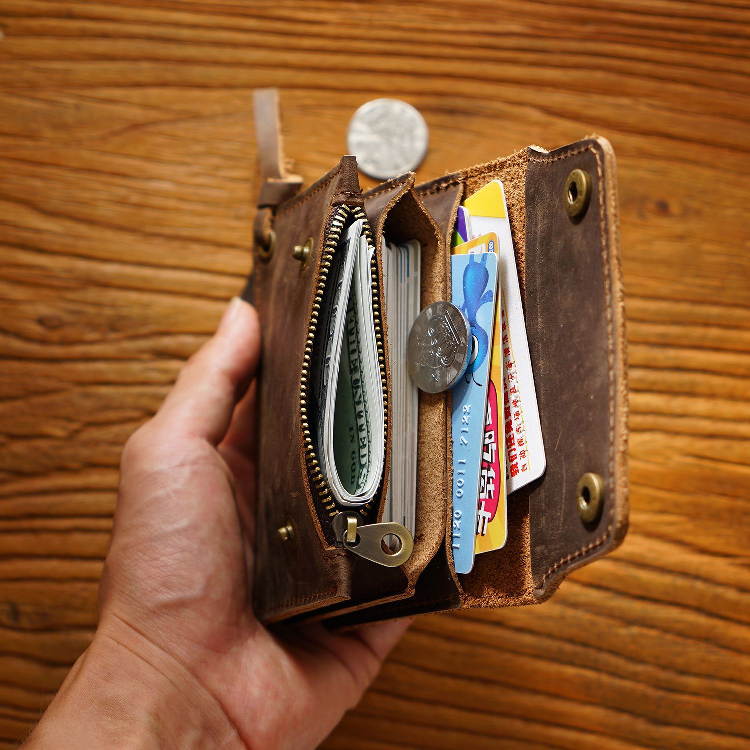 Coffee Handmade Crazy Horse Leather Wallet Vintage Coin Purse Zipper Card Holder with Strap Snap Closure Top Layer Cowhide 12cm — image 3