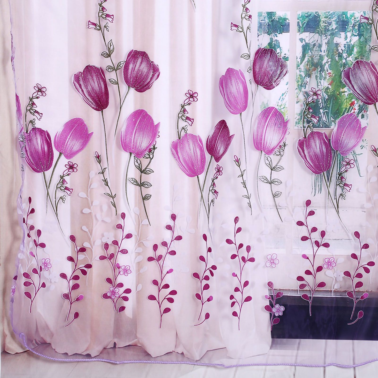 100*200cm Tulips Printing Tulle Curtains Sheer Drape Balcony Window Decoration Purple โ image 2