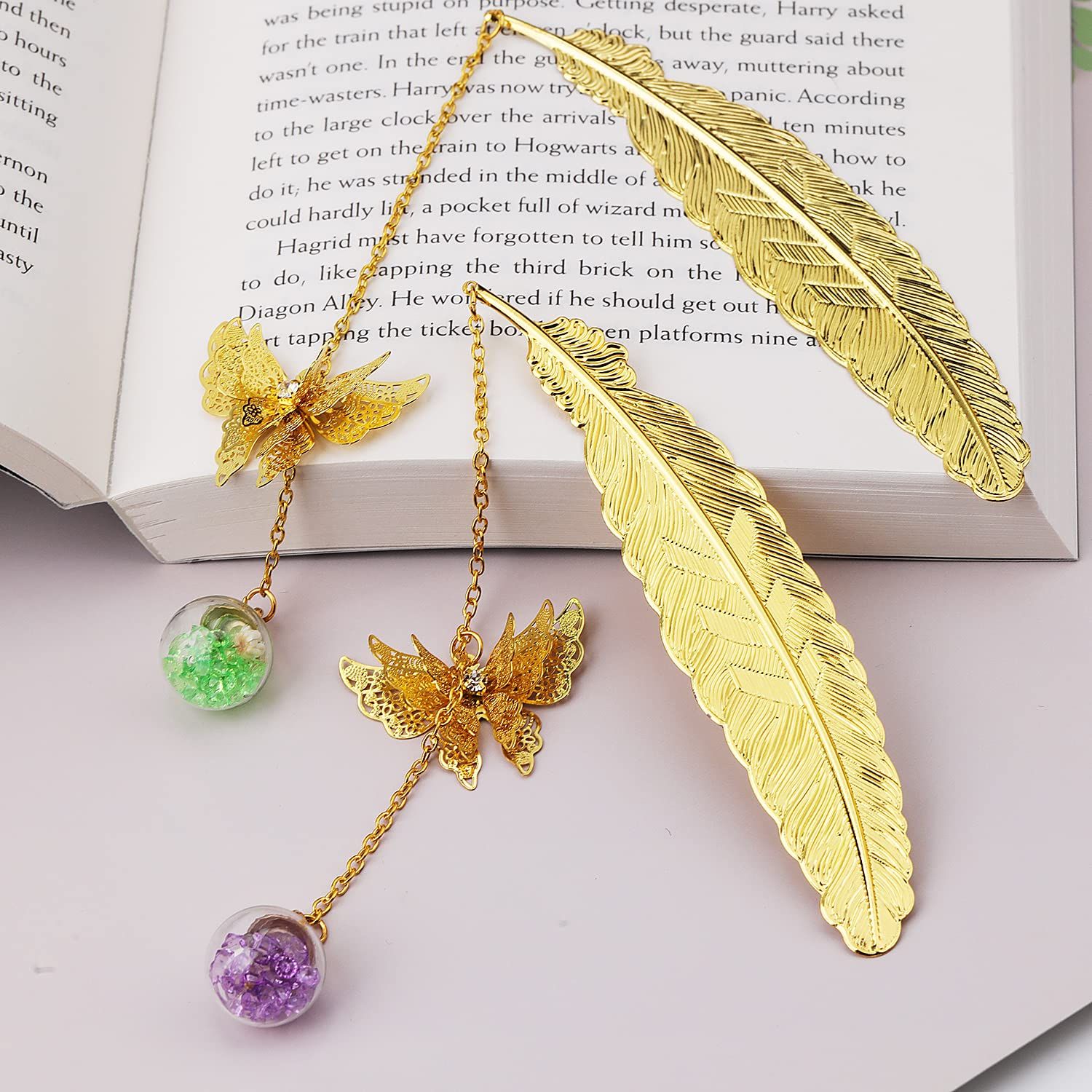 Metal Feather Bookmark with 3D Butterfly Pendant Christmas Thanksgiving Unique Gift for Book Lover Teacher 2 Pack — image 2