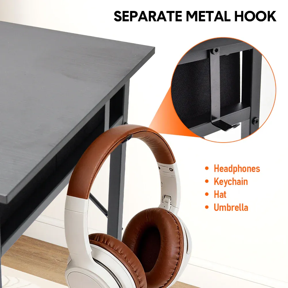 80cm Study Desk Home Office Computer Desk with 2 Fabric Drawers Side Pocket and Hook Modern Small Writing Table for Bedroom Dorm Small Spaces Black — image 5