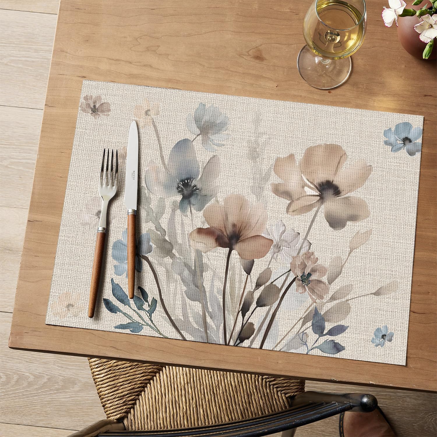 Brown Poppy Floral Vinyl Plastic Placemats Set of 4, Washable Non-Slip PVC Table Mats for Party Kitchen Dining Decor, 12x18 Inch โ image 2
