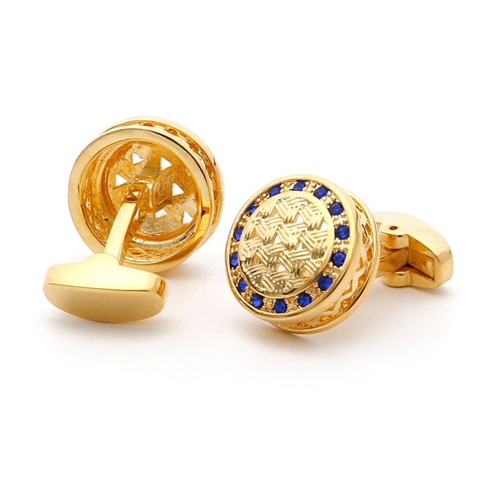 Gold Men'S Cuff Links, Copper Cufflinks Round Blue Cubic Zirconia Men'S Cuff Links Tuxedo Shirts Business Wedding Gift — image 2