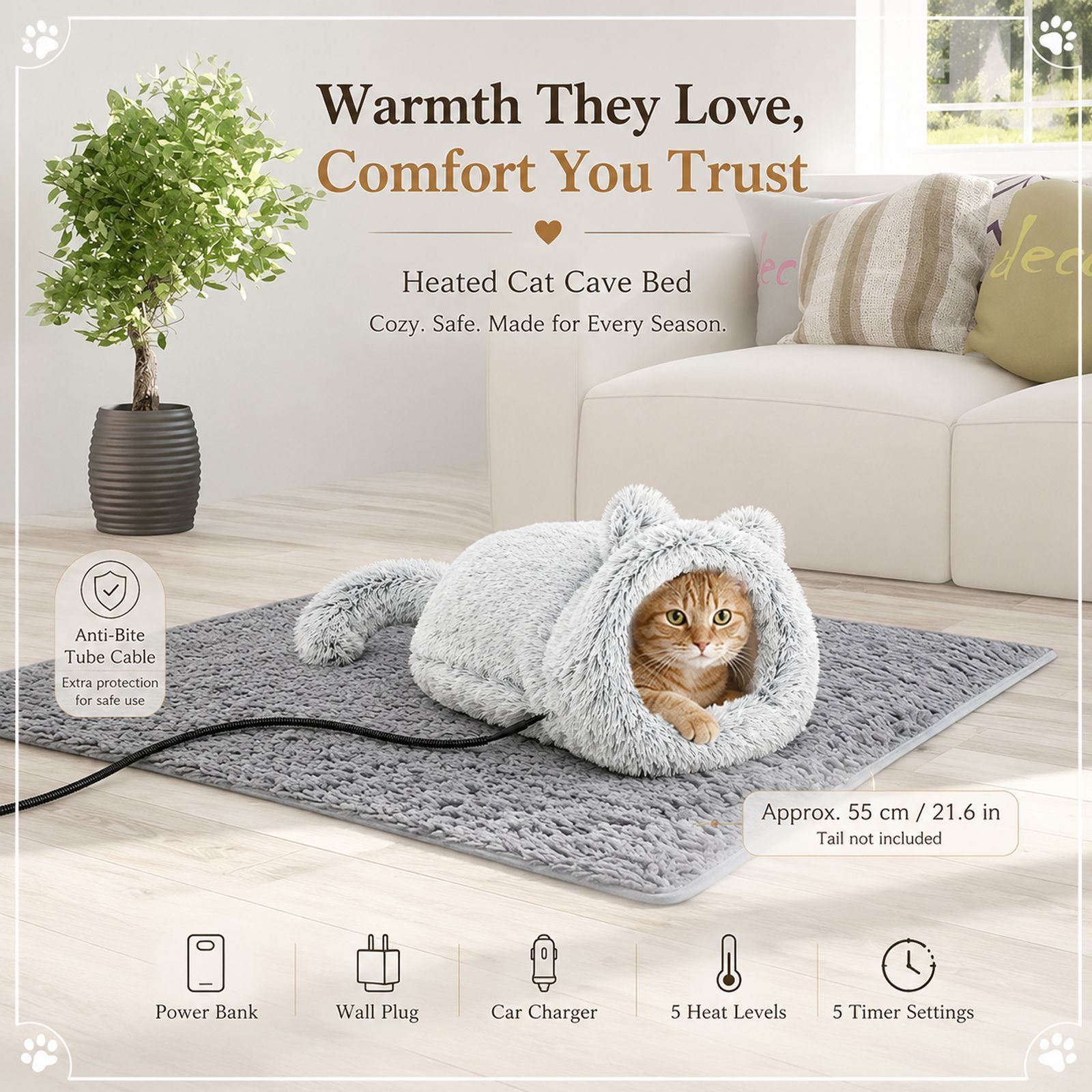 Cozy Heated Two-in-One Plush Cat Cave Bed with USB-Powered Warming, and Timer, Convertible from Enclosed House to Flat Mat for — image 6