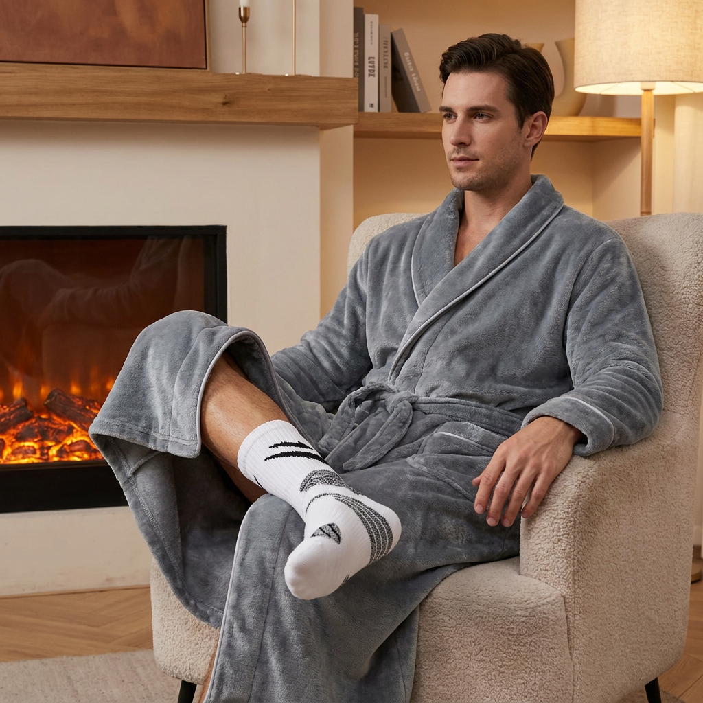 Grey Men's Winter Lounge Bundle Set - Flannel Shawl Collar Robe(L Size) with 2x White Thick Mid Calf Demon Pattern Socks, Warm Plush Homewear Set, Soft Cozy — image 4