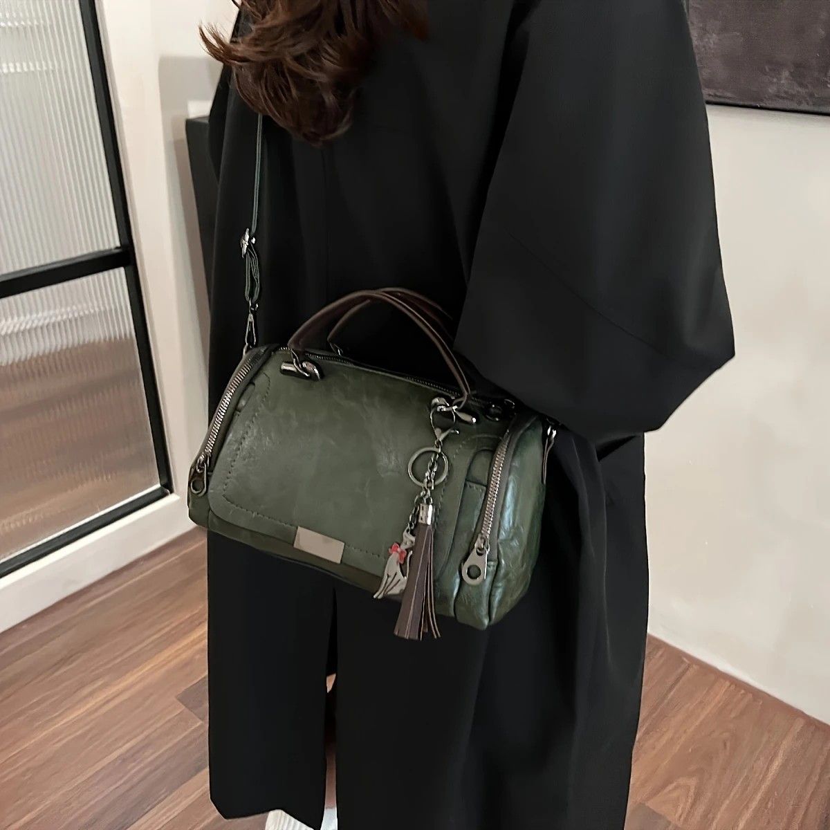 Vintage Tote Bag: Spacious multi-pocket design with tassel and metal accents, supports multiple carrying methods, combining practicality and style.GREEN — image 2