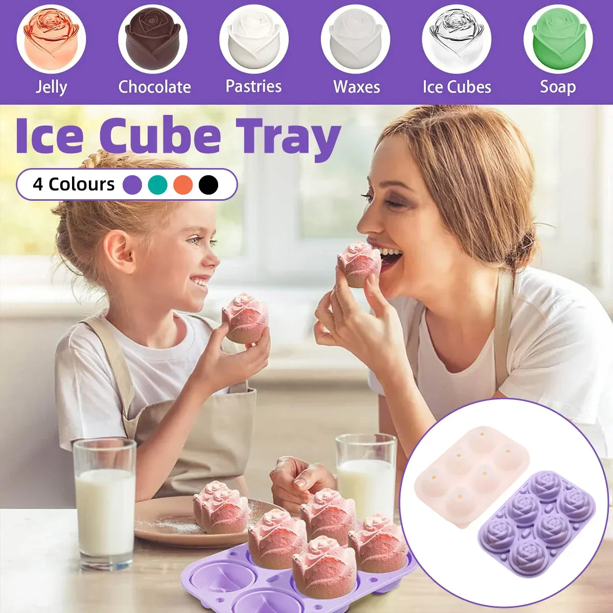 Large Ice Cube Tray Rose Maker Silicone Mold Whiskey Chocolate Jelly Mould DIY - Purple โ image 2
