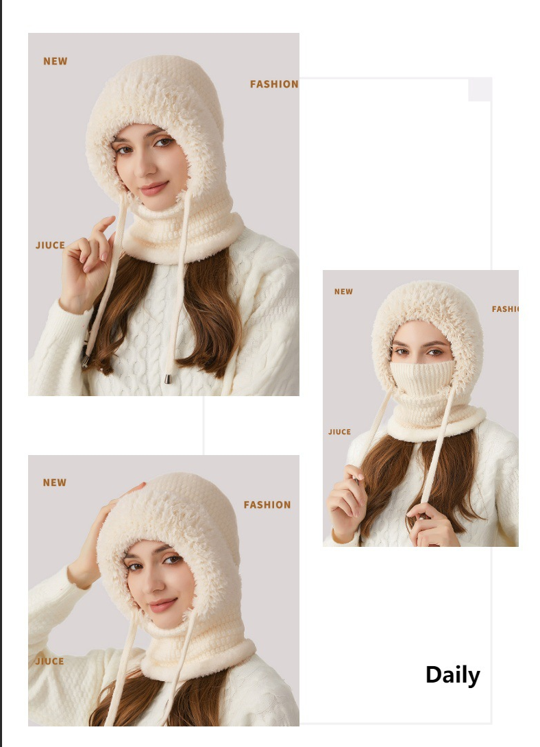 Winter Corn Velvet Hooded Scarf Mask Set - Thick Fleece Lined Knit Cap for Women - Warm Balaclava Neck Warmer for Extreme Cold - Beige โ image 2
