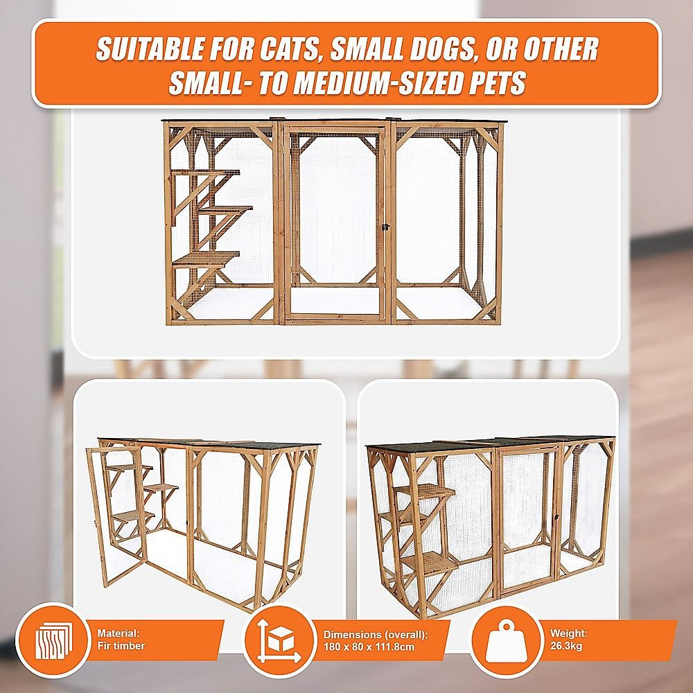 180cm Large Wooden Cat Enclosure Outdoor Cat Cage with 3 Platforms & Weatherproof Roof โ image 4